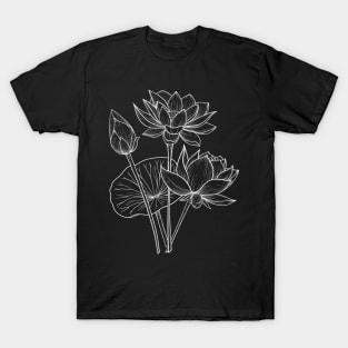 Lotus Blossoms Line Art Black Background T-Shirt